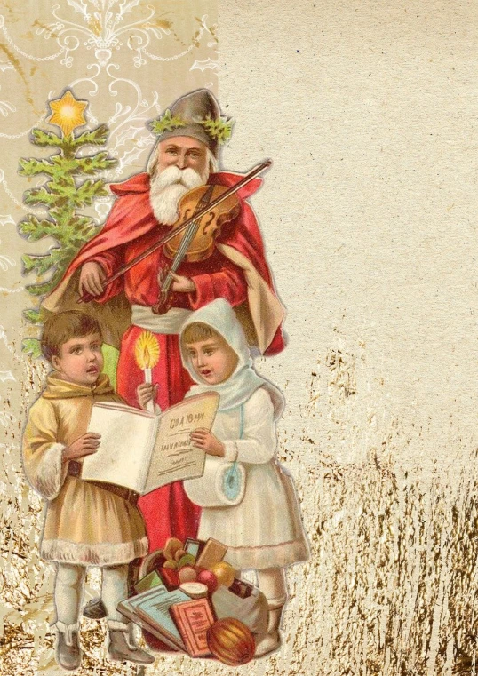 an old fashioned christmas card with santa and children, an album cover, by Maksimilijan Vanka, trending on pixabay, detail, musician, on old parchment, raphaelite and alphonse mucha