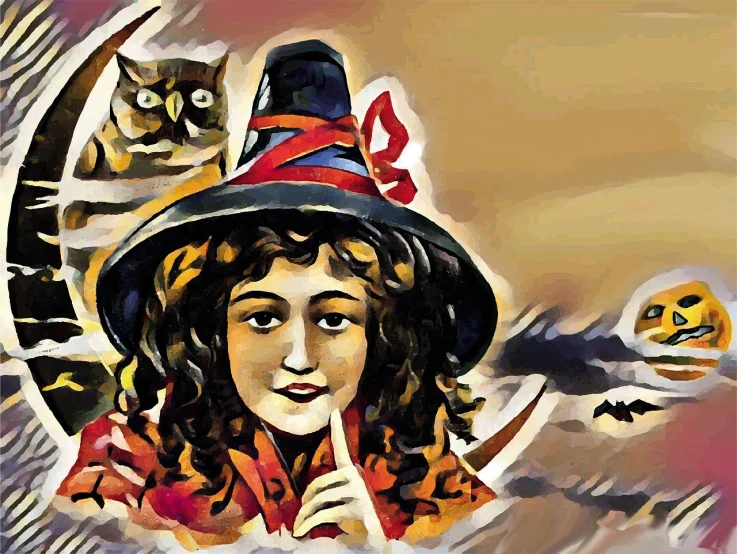 a painting of a little girl wearing a witch hat, inspired by Dorothy Lockwood, trending on pixabay, art nouveau, posterized color, cat witch, movie scene close up, cornucopia