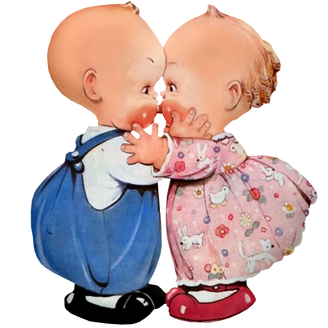 a couple of babies standing next to each other, by Harry Beckhoff, pop art, kissing together cutely, edited, cute pocelain doll, cartoonish cute