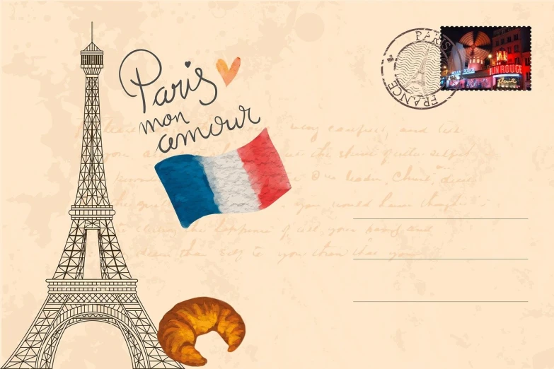 a postcard with a picture of the eiffel tower, tumblr contest winner, mail art, cute bakery shop, french flag, created in adobe illustrator, love theme