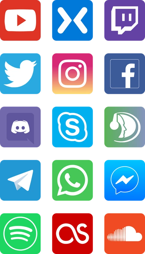 a bunch of different social icons on a black background, by Robbie Trevino, digital art, with gradients, corporate phone app icon, flat color, yo )