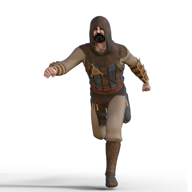 a close up of a person wearing a costume, a low poly render, running pose, medieval warrior, adventure hyper realistic render, high res render