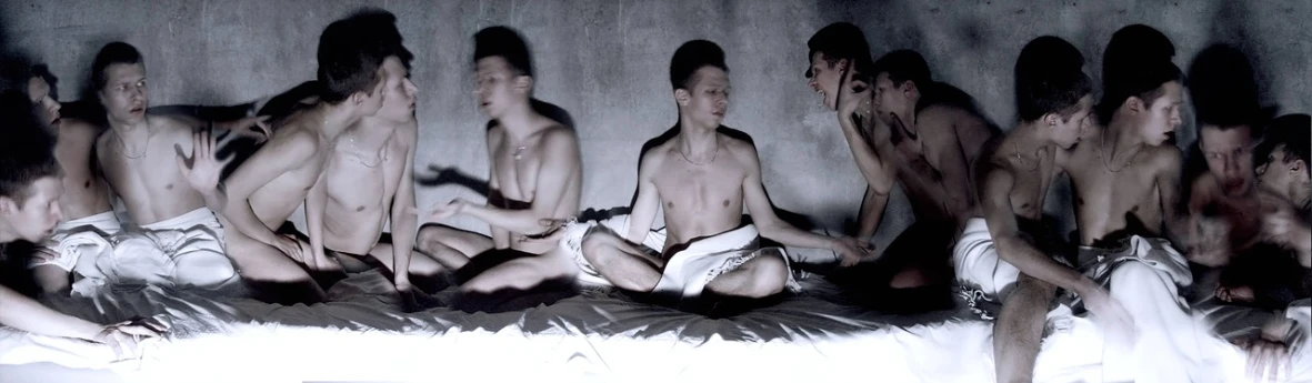 a group of naked men sitting on top of a bed, inspired by Nan Goldin, bauhaus, in the astral plane ) ) ), die antwoord, svetlana belyaeva, flora borsi