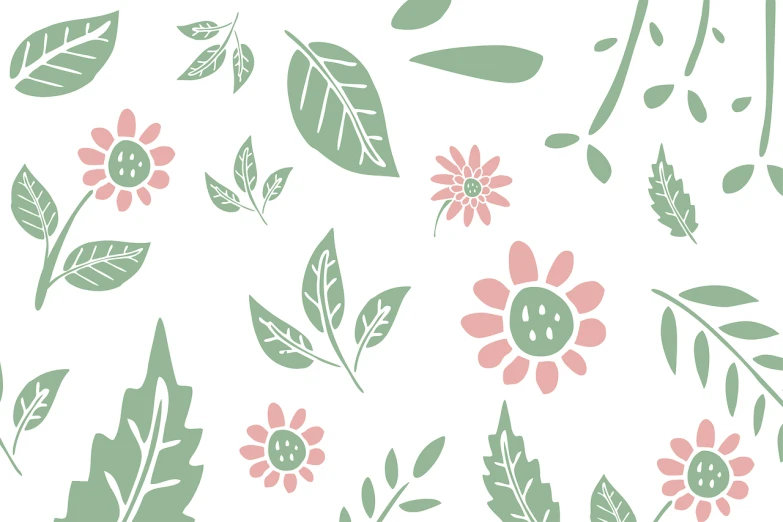 a pattern of flowers and leaves on a white background, inspired by Saneatsu Mushanokōji, tileable, leaves in foreground, background image, green and pink