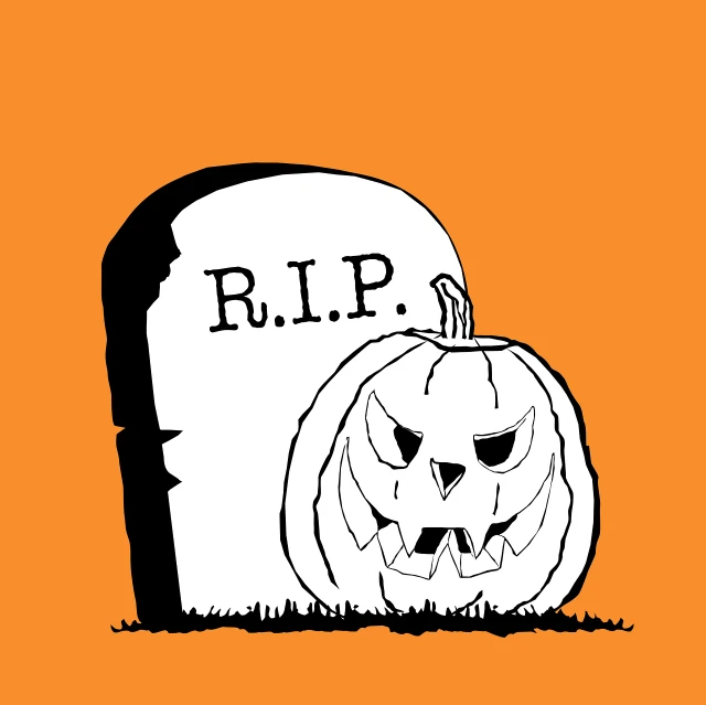 a cartoon pumpkin sitting in front of a tombstone, by Pamela Drew, pop art, illustration line art style, reduced minimal illustration, frank hampson and mcbess, is this loss?