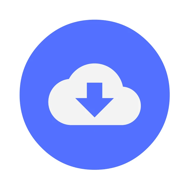 a cloud with a down arrow inside of it, by Matt Cavotta, material design, a round minimalist behind, indigo filter, white background and fill