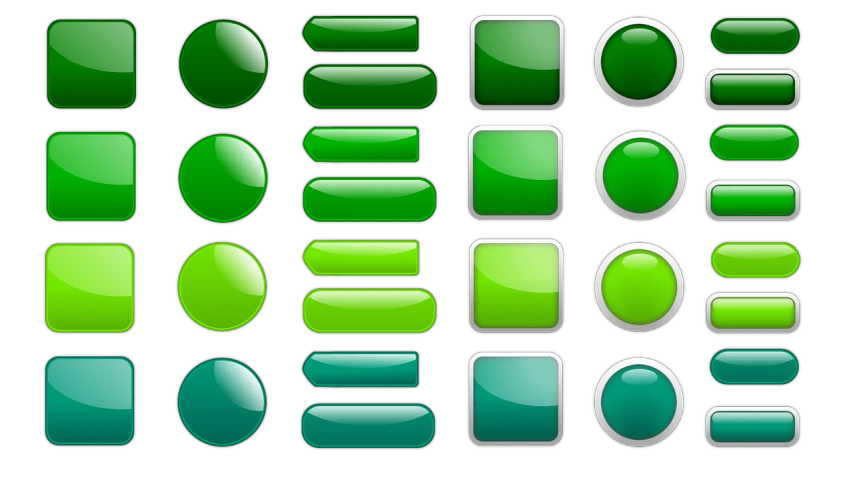 a set of green buttons on a black background, vector art, by John Button, deviantart, process art, round corners, platforms, puffy, floating. greenish blue