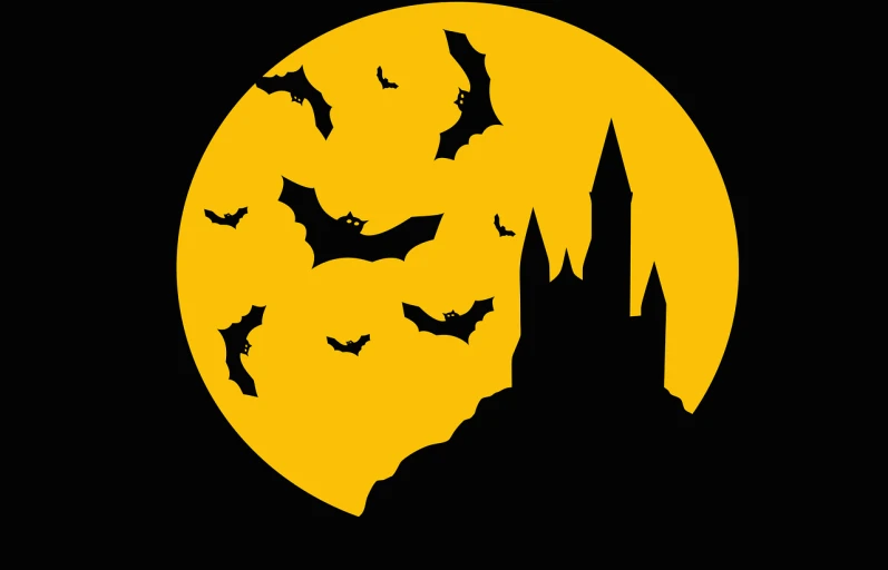 a silhouette of bats flying in front of a full moon, gothic art, yellow and black color scheme, dracula's castle, high contrast illustration, gloomcore illustration