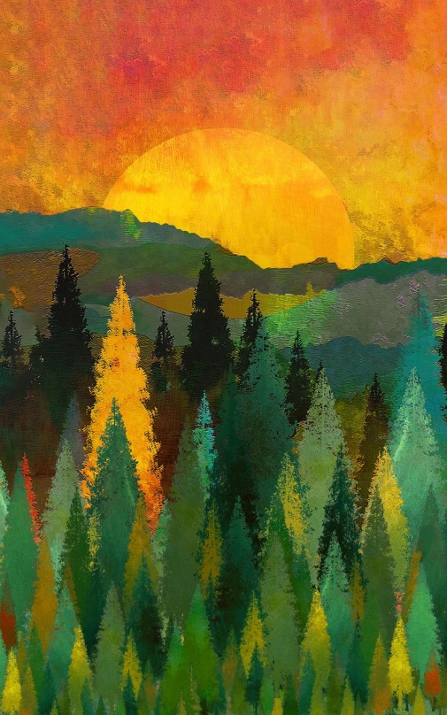 a painting of a sunset over a forest, fine art, colored paper collage, digital artwork, evergreen valley, rich bright sunny colors