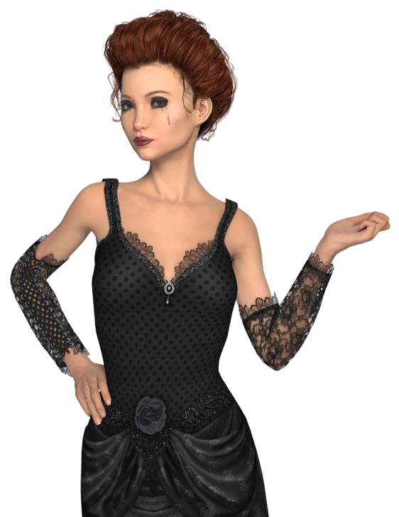 a woman with red hair wearing a black dress, a 3D render, inspired by Constance Gordon-Cumming, elegant up to the elbow, houdini sim, intricate and detailed lace set, shrugging arms