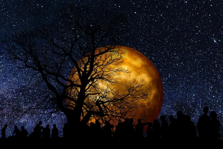 a group of people standing in front of a full moon, a photo, by Zoran Mušič, trending on pixabay, digital art, tree in a galaxy made of stars, dark orange night sky, high quality fantasy stock photo, immense crowd of people