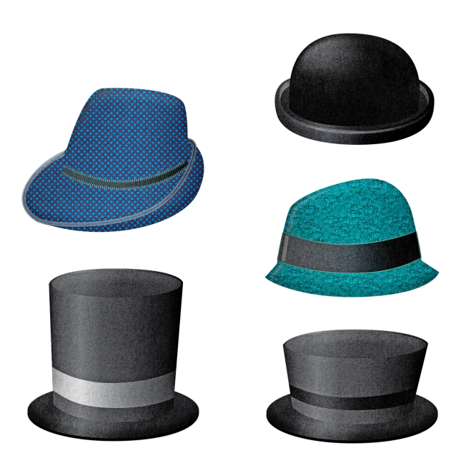 a group of hats sitting on top of each other, inspired by René Magritte, polycount, digital art, halftone texture, on a black background, super detail of each object, blue-black