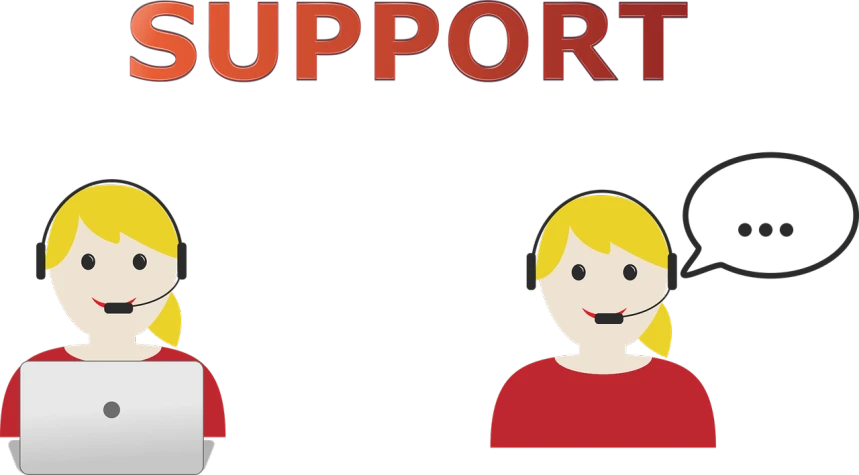a couple of people sitting in front of a laptop, a cartoon, by Mirko Rački, pixabay, computer art, black shirt with red suspenders, banner, support, working in a call center