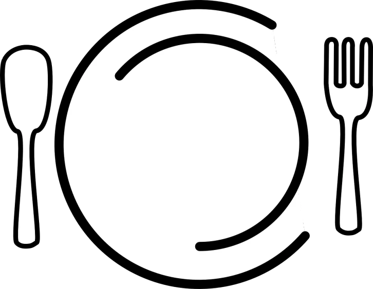 a plate with a fork and knife on it, a screenshot, inspired by João Artur da Silva, computer art, stylized bold outline, enso, white on black, sahara comics logo