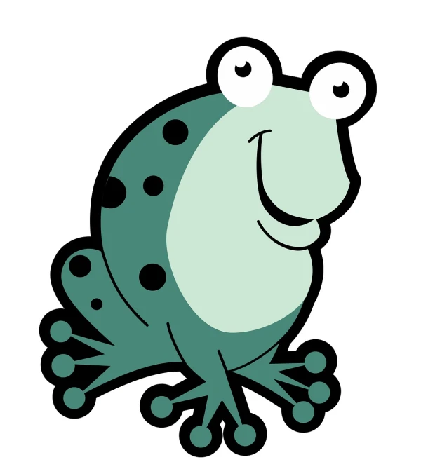 a green and black frog with big eyes, an illustration of, mingei, cartoon style illustration, teals, looking happy, wikihow illustration