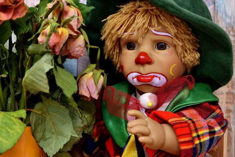 a close up of a doll with flowers in the background, a picture, inspired by Bernd Fasching, trending on pixabay, romanticism, donald trump clown, green, autum, highley detailled face