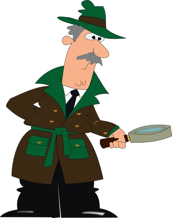 a cartoon man holding a magnifying glass, by Hugh Hughes, pixabay, digital art, detective coat, from family guy, wearing green jacket, he is wearing a trenchcoat