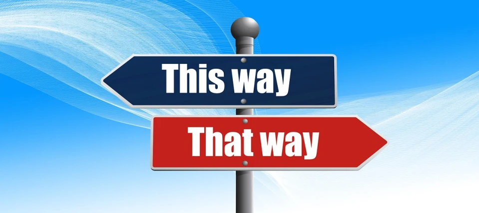 a street sign that says this way and that way, by Whitney Sherman, pixabay, precisionism, blue or red, in style of mike savad”, split screen, looking sideways