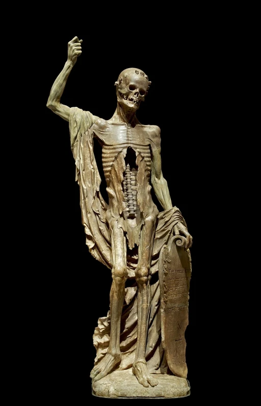 a statue of a man sitting on a chair, by Marià Fortuny, featured on zbrush central, renaissance, skeleton-like creature, metmuseum, dissection of happy, rib cage exposed