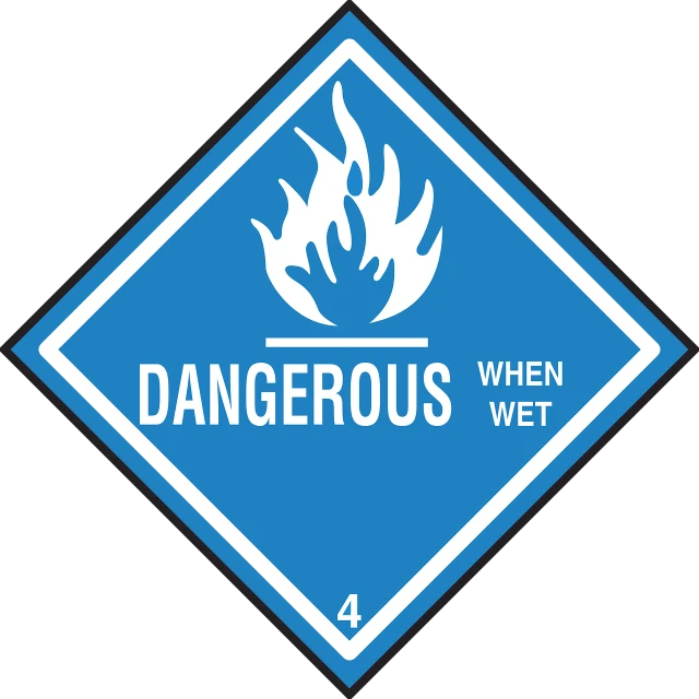 a sign that says dangerous when wet, by Brigette Barrager, tumblr, conceptual art, blue fire everywhere, product label, four, hazmat