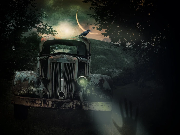 an old truck with a bird sitting on top of it, inspired by Alexander Jansson, digital art, eerie moonlight, closeup shot, graveyard background, crescent moon in background