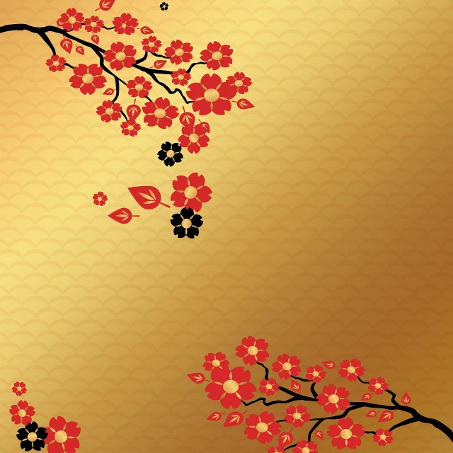 a close up of a branch of a tree with flowers, a picture, inspired by Katsushika Ōi, sōsaku hanga, golden fabric background, card template, red and black color scheme, rippling