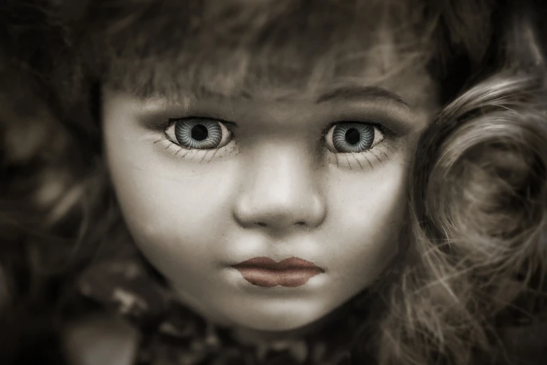 a close up of a doll with blue eyes, surrealism, sepia photography, porcelain, unhappy, photograph credit: ap