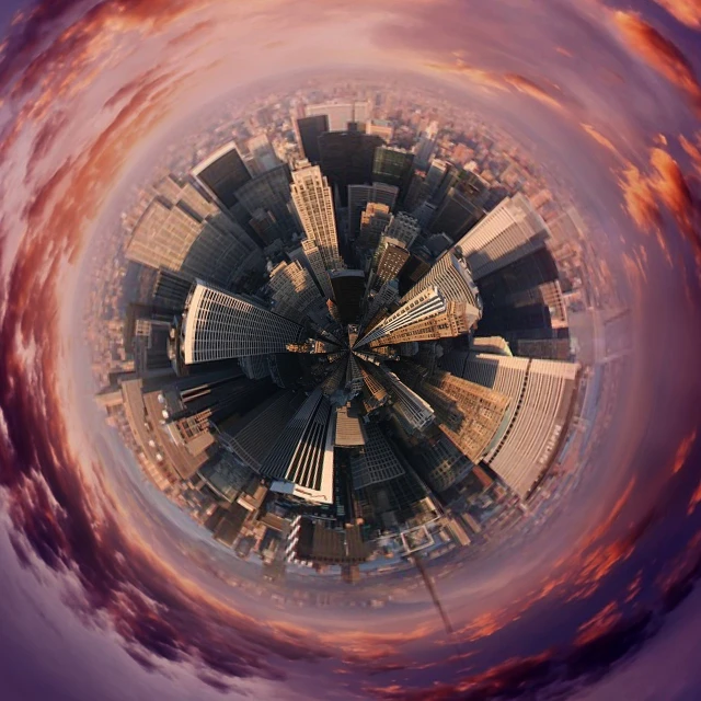 a view of a city from the top of a building, inspired by Mike "Beeple" Winkelmann, 360 degree equirectangular, circular planet, detalized new york background, 4k uhd wallpaper