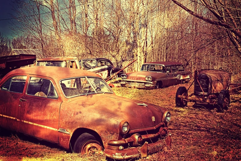 an old rusted out car sitting in a field, flickr, photorealism, retro spaceships parked outside, in a row, new hampshire, the cars have faces