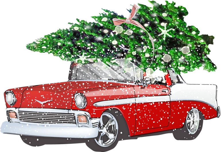 a red car with a christmas tree on top of it, a digital rendering, by Gene Davis, pixabay contest winner, pop art, 1957 chevrolet bel air, seasons!! : 🌸 ☀ 🍂 ❄, parade floats, detail