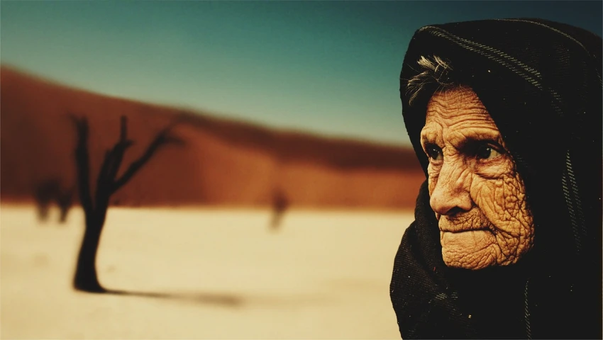 an old woman standing in front of a dead tree, digital art, by Youssef Howayek, unsplash, tilt shift desert background, 2003 cinematography, mad max dust storm, solemn face