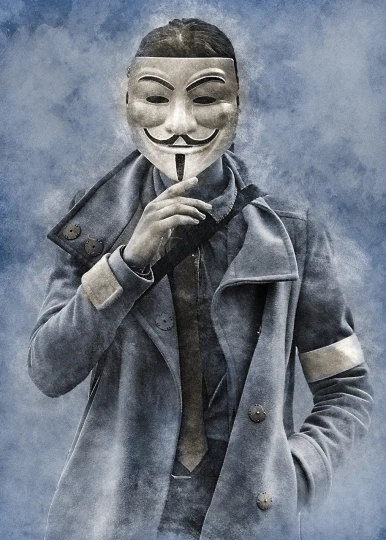 a man wearing a mask with a tie, a colorized photo, pixabay, graffiti, blue cloak, monochromatic airbrush painting, freedom fighter, anonymous