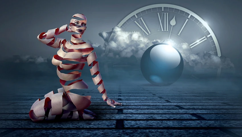 a woman sitting on the ground in front of a clock, digital art, inspired by Rudolf Hausner, digital art, mime, swirly body painting, surreal tears from the moon, woman and robot