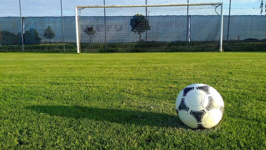 a soccer ball sitting on top of a lush green field, a picture, by Gina Pellón, pixabay, realism, volleyball net, outside on the ground, background image, indoor shot