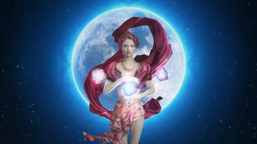 a woman holding a crystal ball in front of a full moon, fantasy art, 3 d goddess minerva, fantasy character photo, she is dressed in shaman clothes, scarlet witch