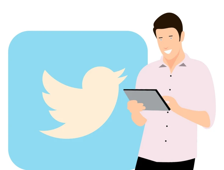 a man holding a tablet next to a twitter logo, an illustration of, digital art, simple cartoon style, wikihow illustration