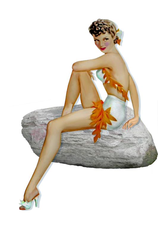 a pinup girl sitting on top of a rock, a digital rendering, inspired by Bunny Yeager, featured on zbrush central, sitting on a leaf, photoscan, screen cap, girl with feathers