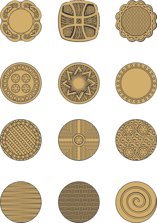 a number of circular designs on a black background, vector art, inspired by Adolf Wölfli, trending on polycount, generative art, high contrast wood engraving, clean cel shaded vector art, medieval coin texture, super detail of each object