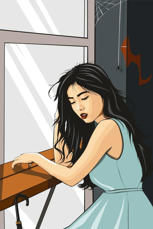 a woman sitting at a table in front of a mirror, vector art, inspired by Asaf Hanuka, tumblr, process art, asian girl with long hair, looks sad and solemn, near the window, sleepy expression