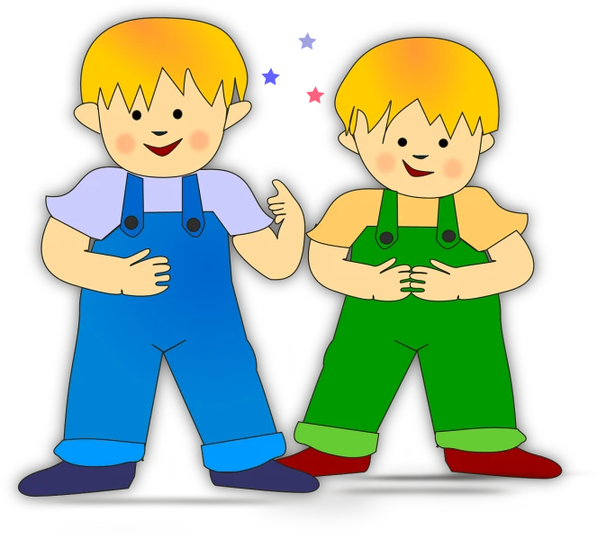 a couple of boys standing next to each other, a digital rendering, trending on pixabay, naive art, overalls, on black background, clip art, star