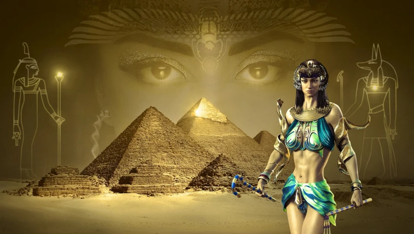 a woman in a bikini standing in front of a pyramid, egyptian art, afrofuturism, with gold eyes, as atlantean reptilian warriors, edited, !5 three eyed goddesses