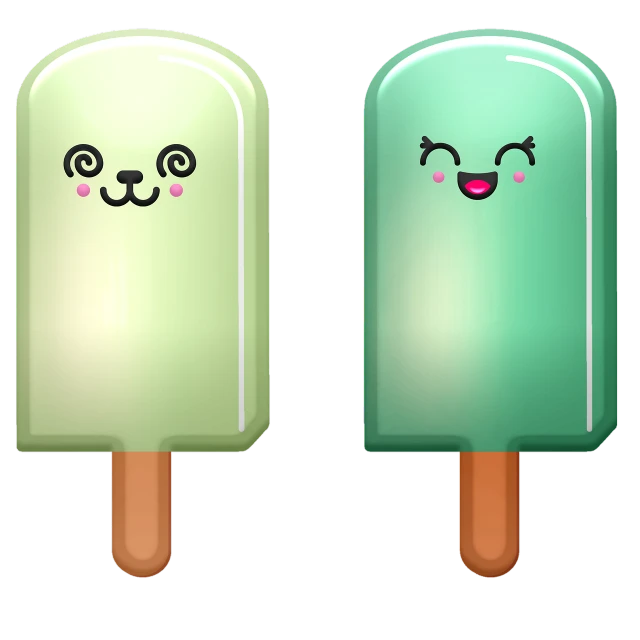 a couple of ice lollies with faces drawn on them, vector art, inspired by Wang Duo, deviantart, green glows, 🐿🍸🍋, slimy shiny reflective joy, cutie mark