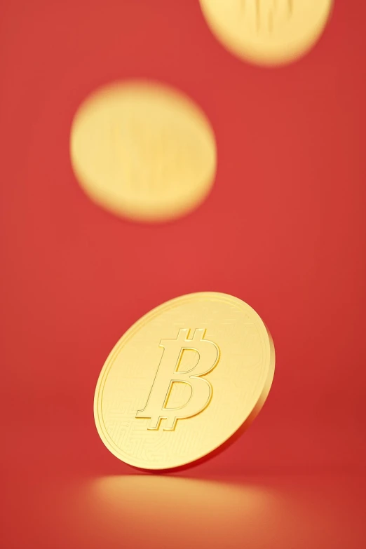 a golden bit coin sitting on top of a red surface, a digital rendering, unsplash, conceptual art, jumping towards viewer, lowres, red wall, shot from low angle