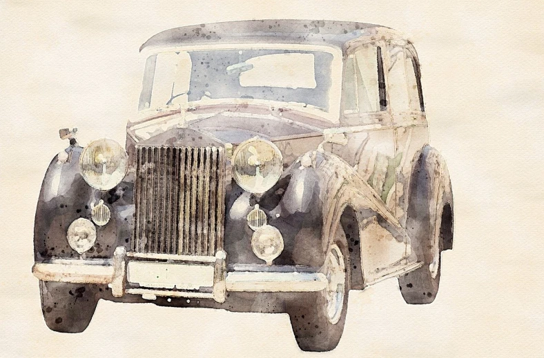 a watercolor painting of an old car, by Relja Penezic, trending on pixabay, istock, vintage photography, texturized, triumphant