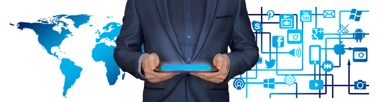 a man in a suit holding a smart phone, a digital rendering, by Matt Cavotta, pixabay, holding glowing laptop computer, wearing a blue jacket, neon edges on bottom of body, took on ipad