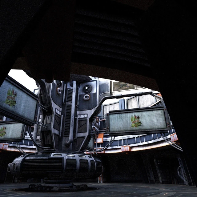 a car that is sitting in front of a building, a screenshot, by senior environment artist, polycount contest winner, tardis console room, unreal tournament, ship interior, open metal maw