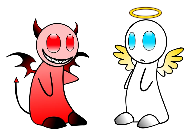 a couple of angels standing next to each other, deviantart contest winner, neo-dada, cheeky devil, vectorized, piggy, creepy and unsettling