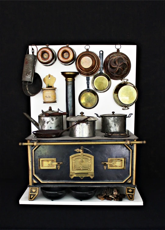 an old fashioned stove with pots and pans on it, by Jessie Algie, folk art, material brass & copper gold, disassembled, late 1 9 th century, kit bash