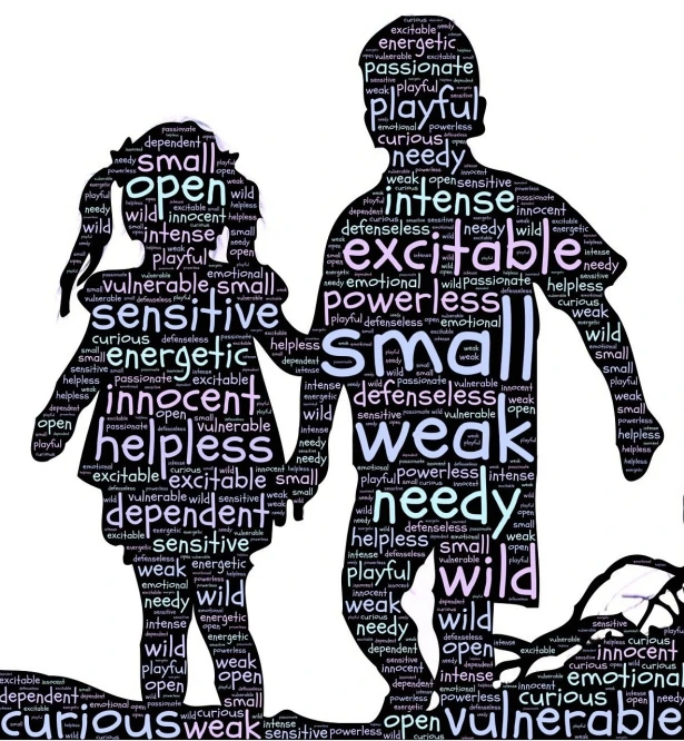 a silhouette of a man and a woman holding hands, a picture, pixabay, graffiti, random english words, little kid, highly detaild, nervous