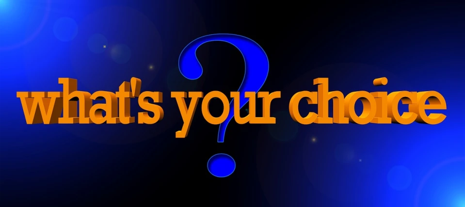a question mark on a blue background with the words what's your choice?, by Betty Churcher, featured on zbrush central, chaos!!!, gaming chair, young child, 3 4 5 3 1